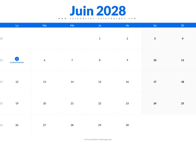 Calendrier juin 2028 au format horizontal