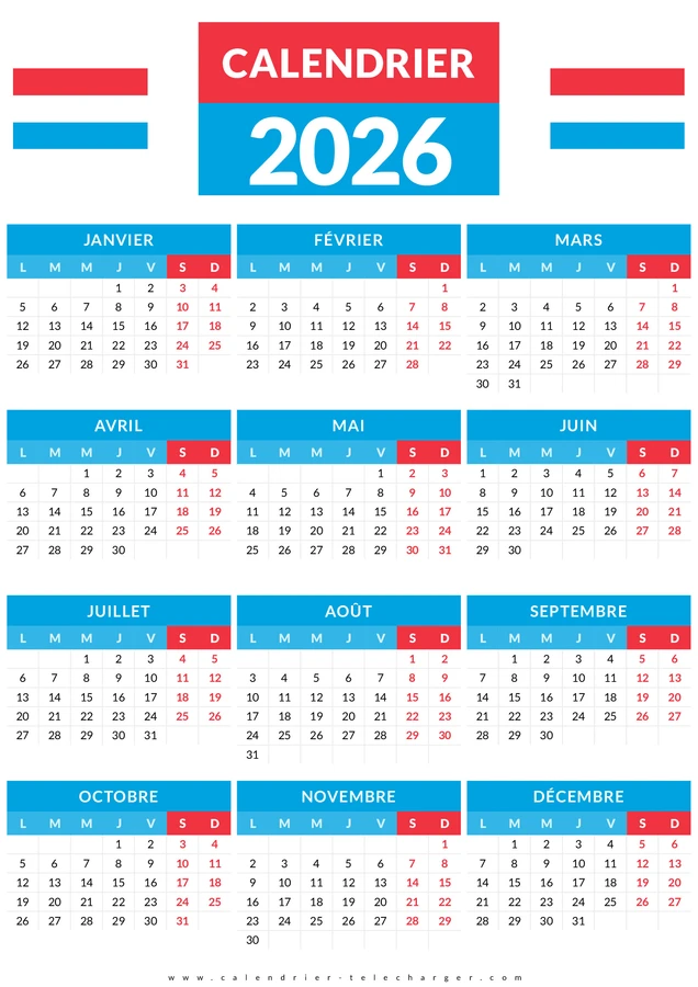 calendrier 2026 avec drapeau Luxembourg