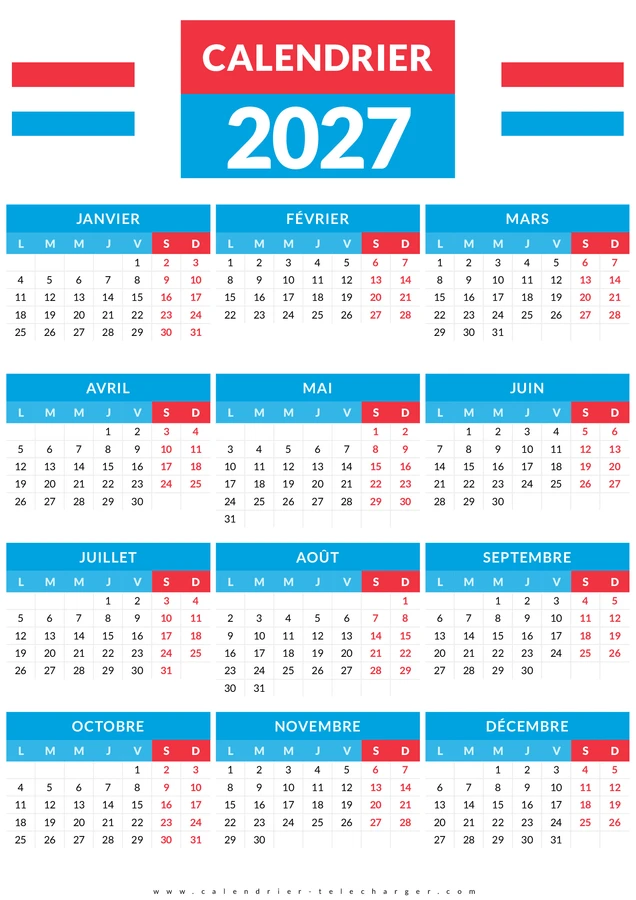 calendrier 2027 avec drapeau du Luxembourg