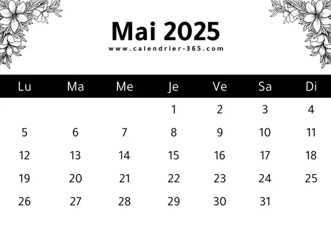 calendrier du mois mai 2025 à imprimer