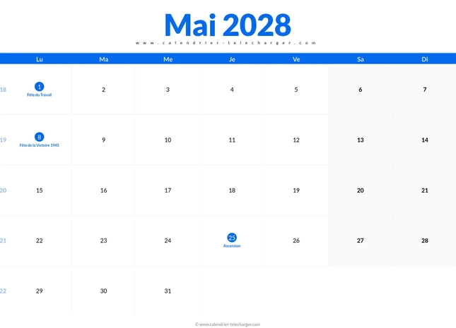 Calendrier mai 2028 horizontal avec jours fériés