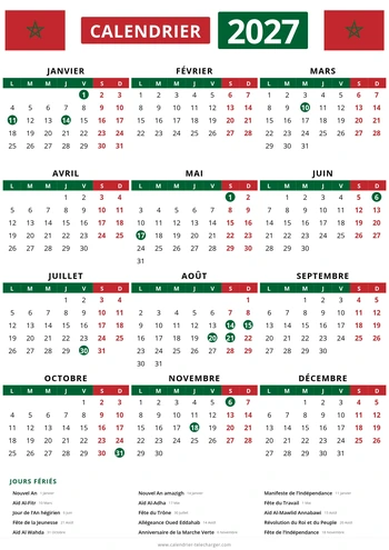 calendrier maroc 2027 avec jours fériés
