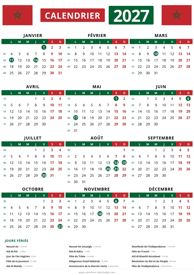 Calendrier Maroc 2027 avec numéros de semaine