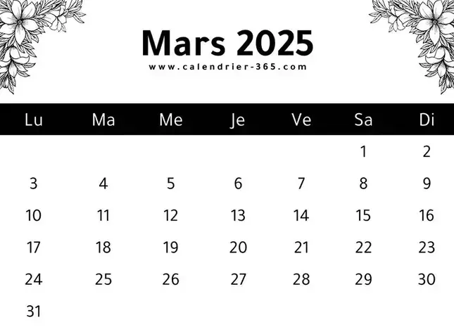 Calendrier du mois de mars 2025 à imprimer