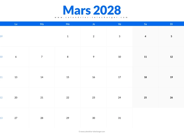 Calendrier mars 2028 horizontal avec jours fériés
