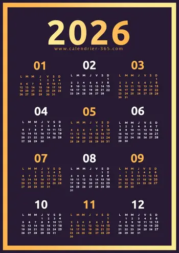calendrier 2026 style doré