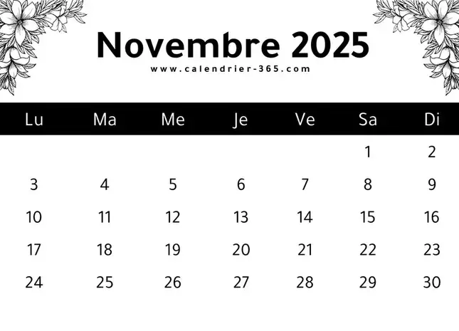 calendrier du mois de novembre 2025 à imprimer