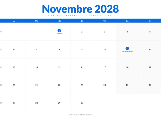 Calendrier novembre 2028 horizontal avec semaines
