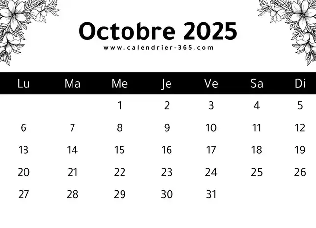 calendrier du mois d'octobre 2025 à imprimer