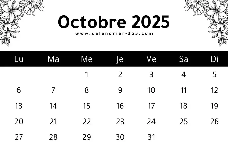 Calendrier octobre 2025