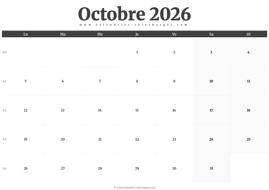 calendrier octobre 2026 avec numéros de semaine
