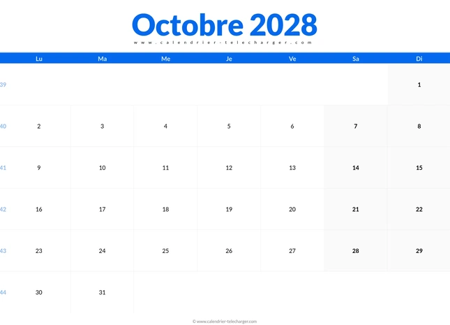 Calendrier octobre 2028 au format paysage