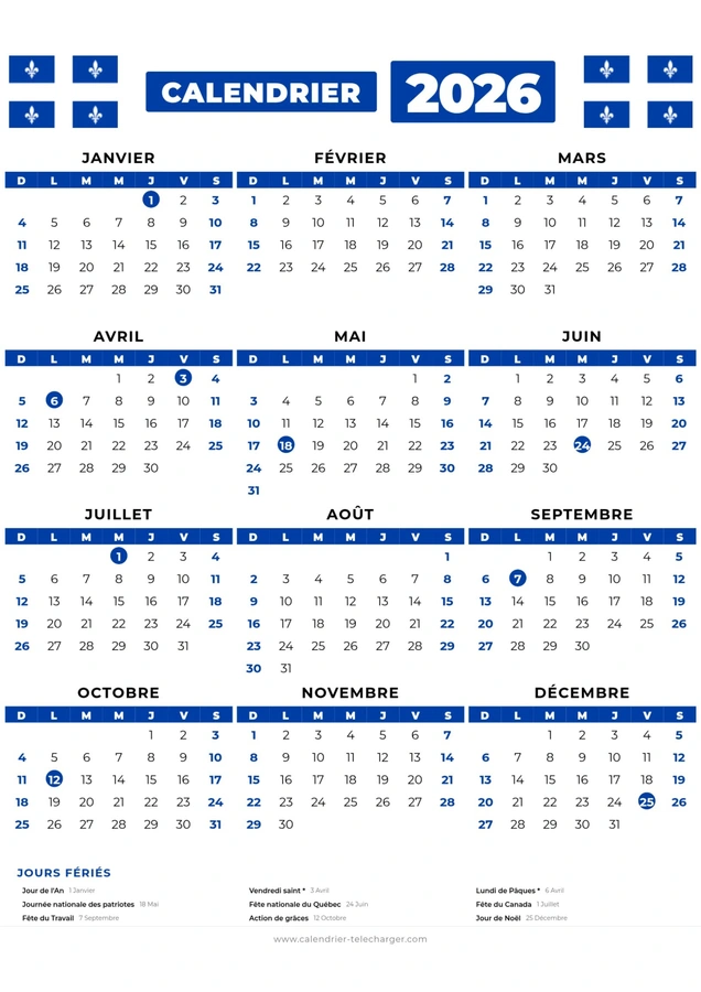 calendrier quebec 2026 avec les jours feries