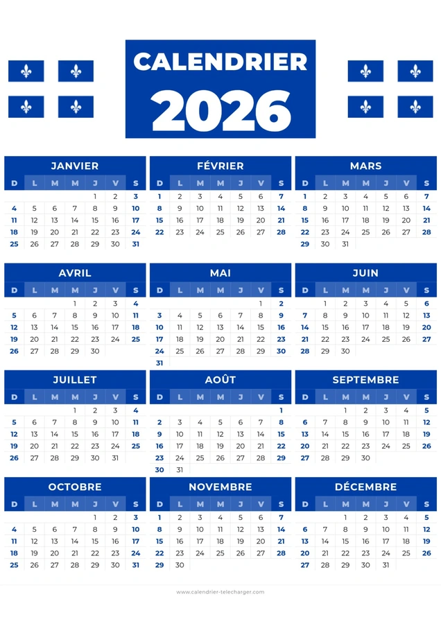 calendrier 2026 avec le drapeau du quebec
