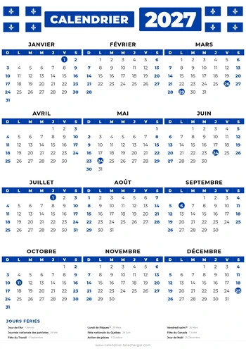 calendrier du quebec 2027 avec jours feriés