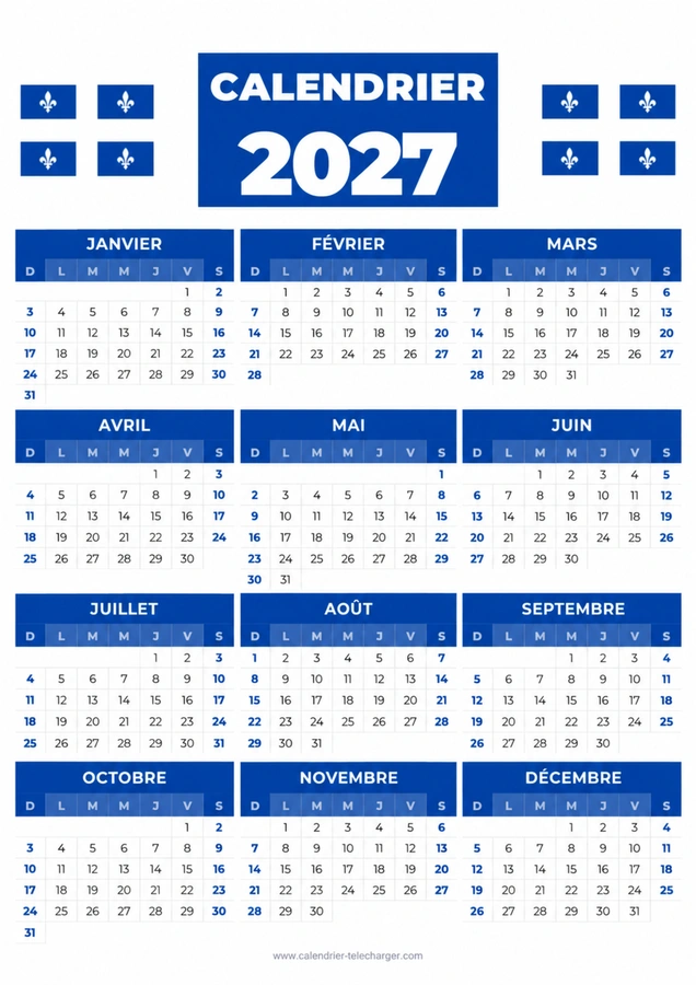 calendrier 2027 avec le drapeau du quebec