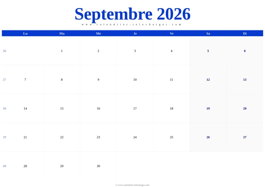 Calendrier de septembre 2026 paysage en bleu