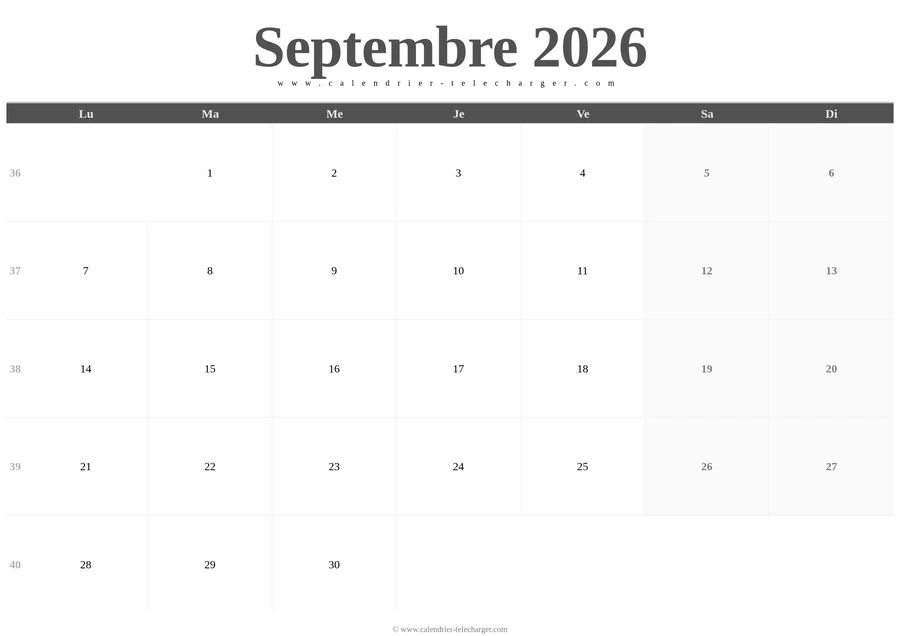 Calendrier septembre 2026 paysage en noir