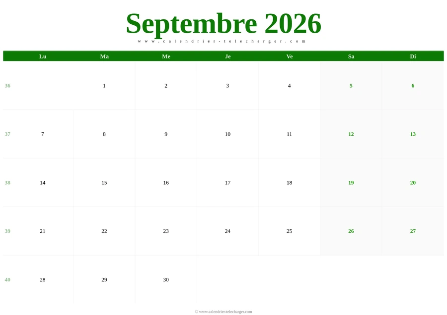 Calendrier septembre 2026 paysage en vert
