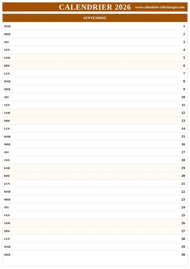 Calendrier de septembre 2026 portrait en orange