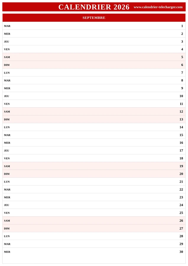 Calendrier de septembre 2026 portrait en rouge