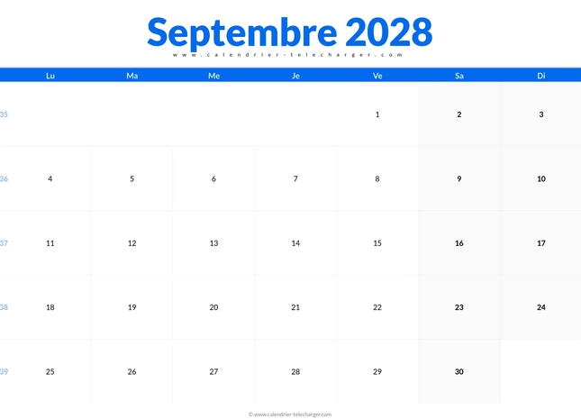 Calendrier septembre 2028 paysage avec jours fériés