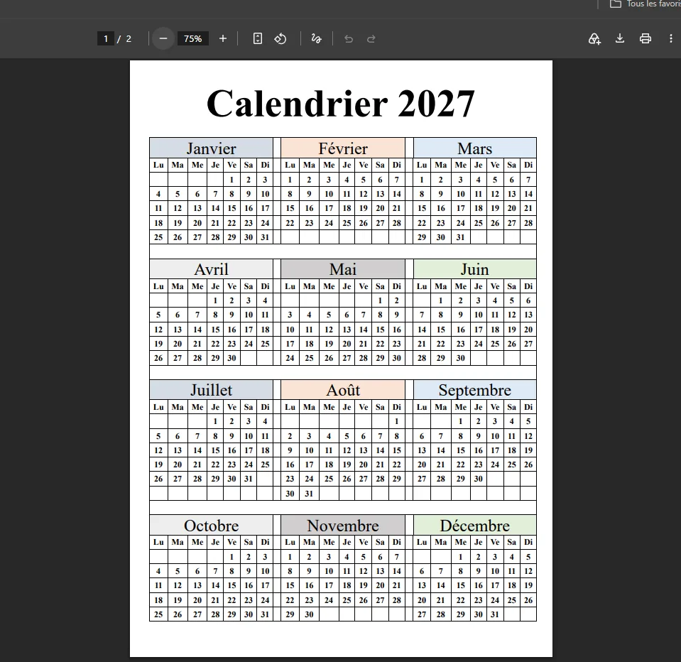 Calendrier 2027 créé sur Word et exporté en PDF