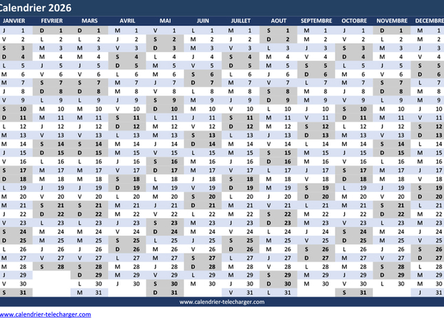 Calendrier Excel 2026 horizontal en couleur Bleu
