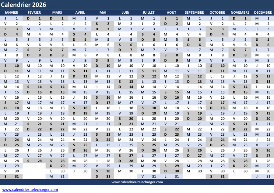 Calendrier Excel 2026 horizontal en couleur Bleu