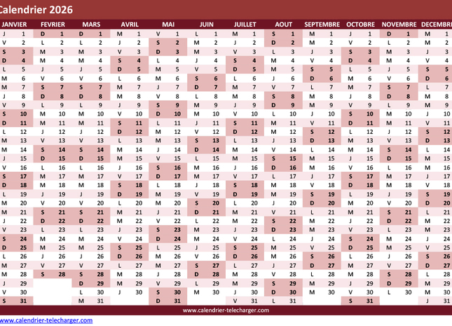 Calendrier Excel 2026 horizontal en couleur Bordeaux