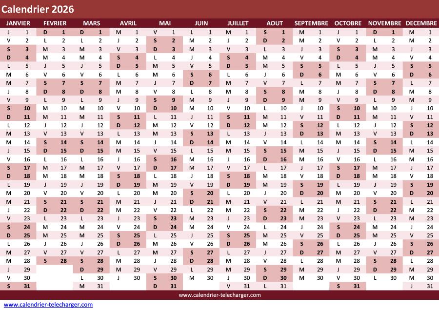 Calendrier Excel 2026 horizontal en couleur Bordeaux
