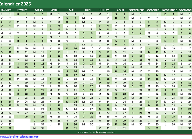 Calendrier Excel 2026 horizontal en couleur Vert