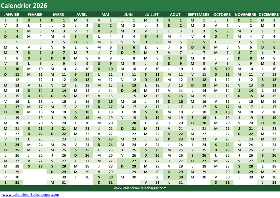 Calendrier Excel 2026 horizontal en couleur Vert