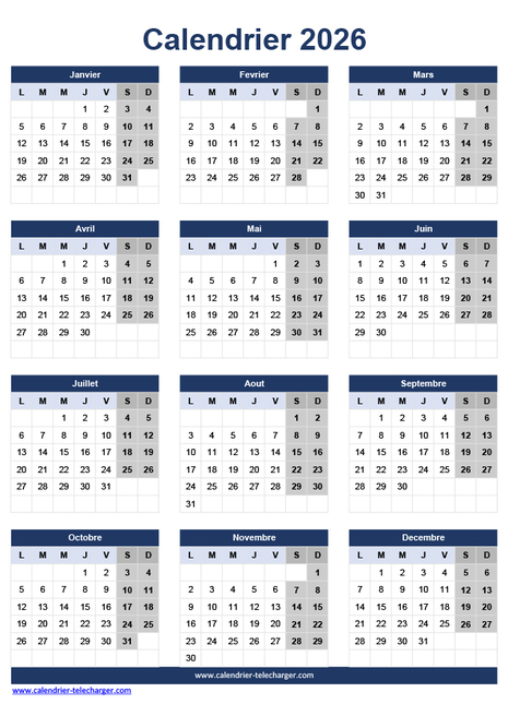 Calendrier Excel 2026 Portrait en couleur Bleu