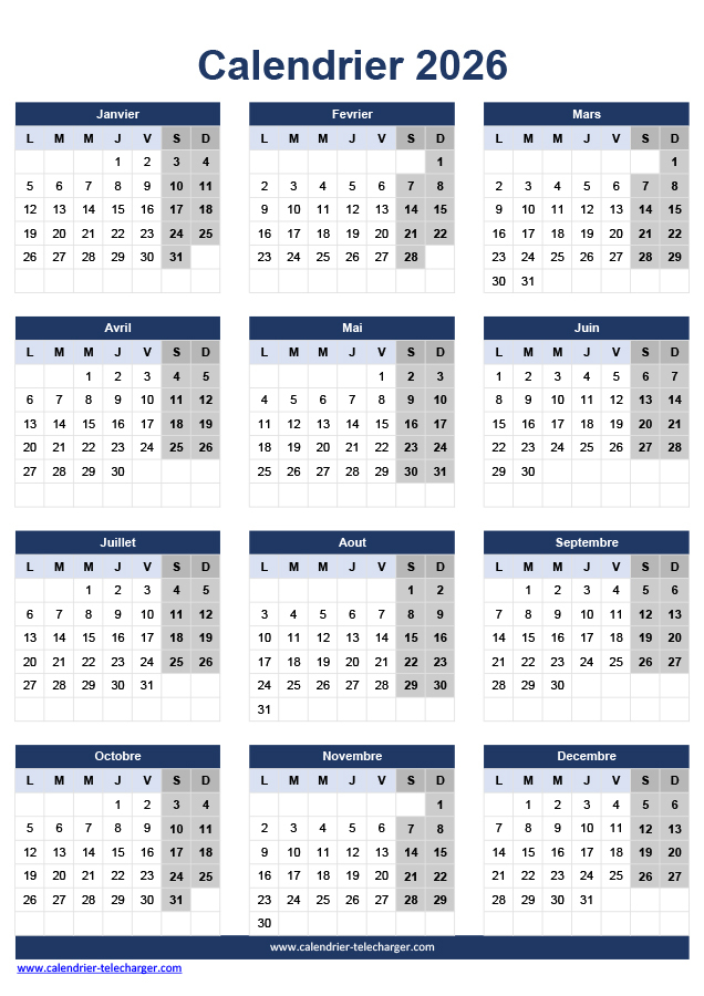 Calendrier Excel 2026 Portrait en couleur Bleu