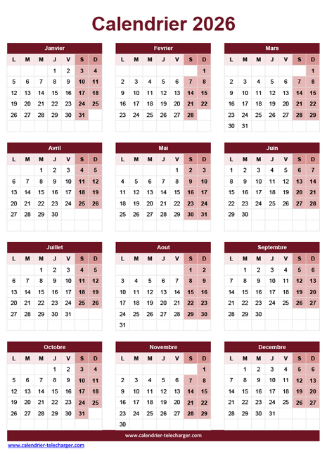 Calendrier Excel 2026 Portrait en couleur Bordeaux