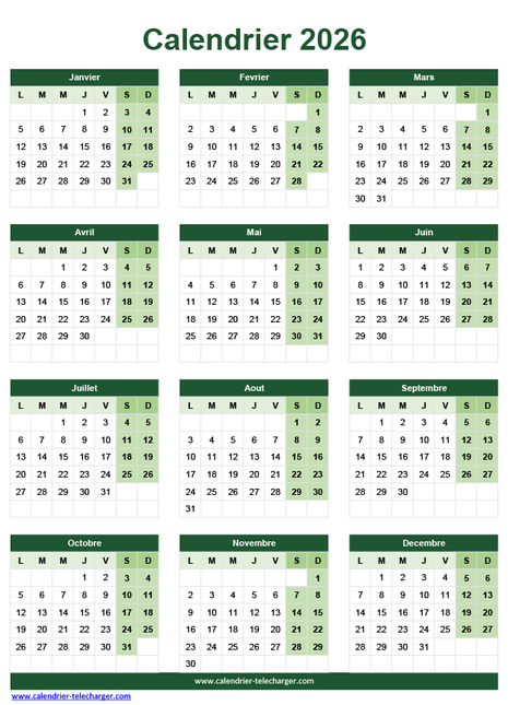 Calendrier Excel 2026 Portrait en couleur Vert