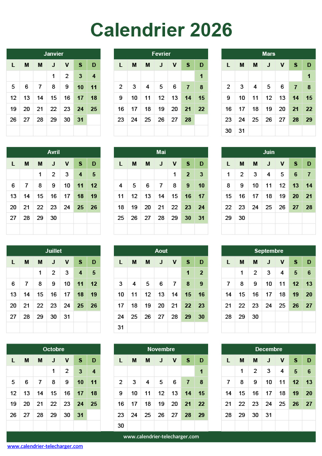 Calendrier Excel 2026 Portrait en couleur Vert