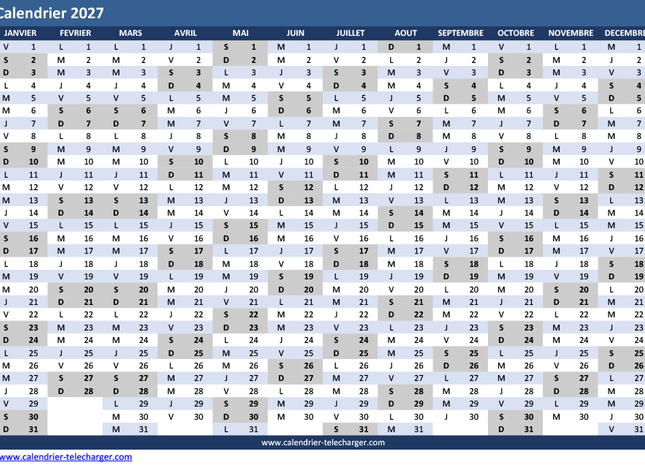 Modèle de calendrier 2027 Excel paysage en bleu