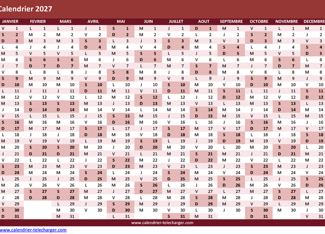 Modèle de calendrier 2027 Excel paysage en bordeaux