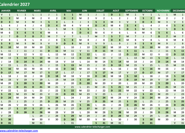 Modèle de calendrier 2027 Excel paysage en vert