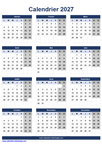Modèle de calendrier 2027 Excel à imprimer en couleur bleu