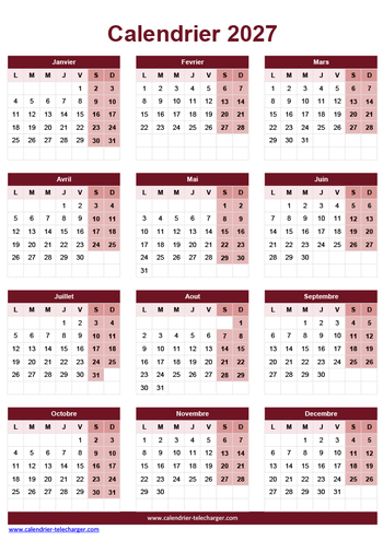 Modèle de calendrier 2027 Excel en couleur bordeaux
