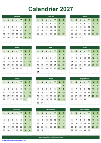 Modèle de calendrier 2027 Excel à télécharger en couleur vert