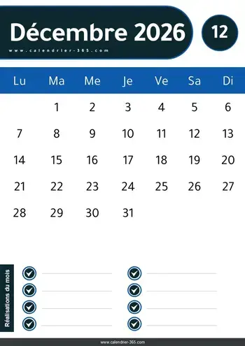 Calendrier décembre 2026 vertical à imprimer