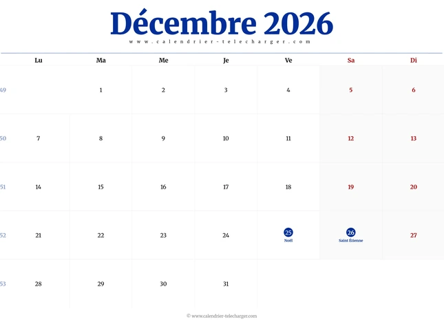 Calendrier décembre 2026 paysage avec jours fériés