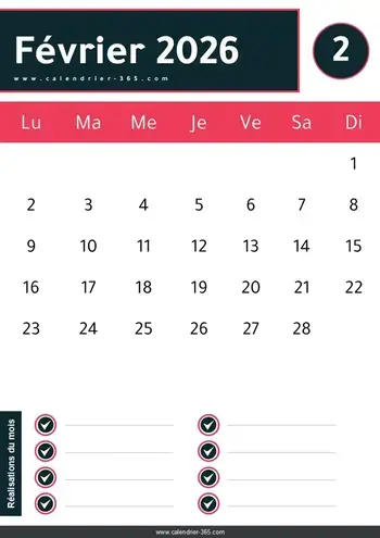 Calendrier Février 2026 PDF