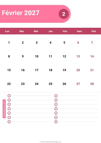 Calendrier février 2027 avec zone de suivi