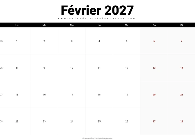 Calendrier février 2027 avec numéros de semaine