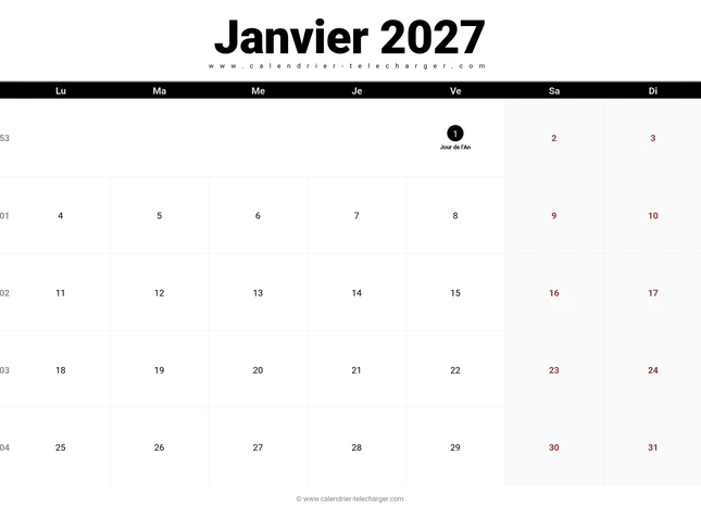 Calendrier janvier 2027 horizontal avec jours fériés et semaines